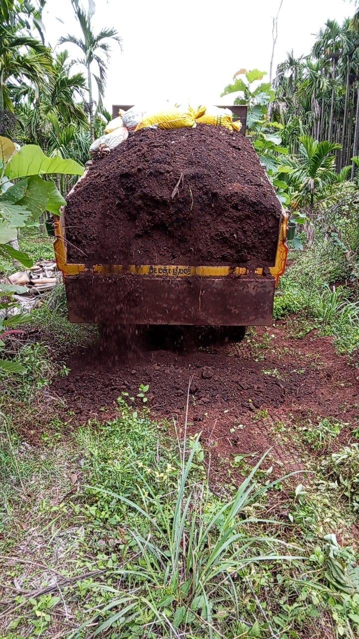 A trailer-load of finished dark biocompost being delivered to the plots